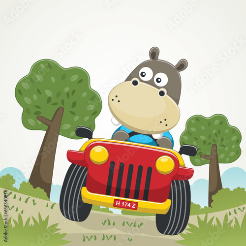 Vector illustration of cute hippo  driving blue car go to vacation, Vector illustration. T-Shirt Design for children. Design elements for kids.