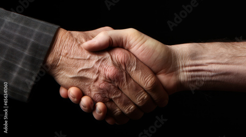 Family reconciliation: Two individuals from different generations shaking hands as a symbol of mending and understanding.