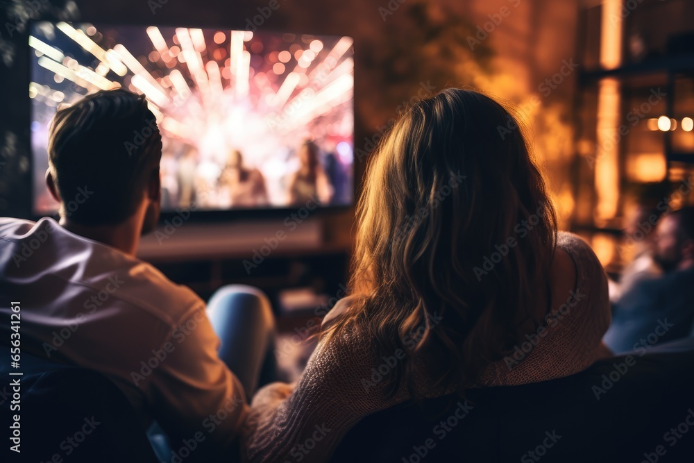 Couple watching a live concert stream on their TV - Digital live entertainment - AI Generated Couple watching a live concert stream on their TV - Digital live entertainment - AI Generated