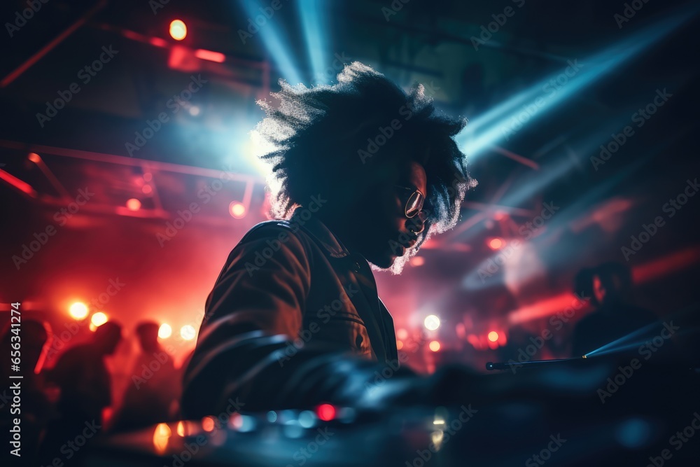 DJ with afro hair mixing tracks at a club - Afro style meets electronic music - AI Generated