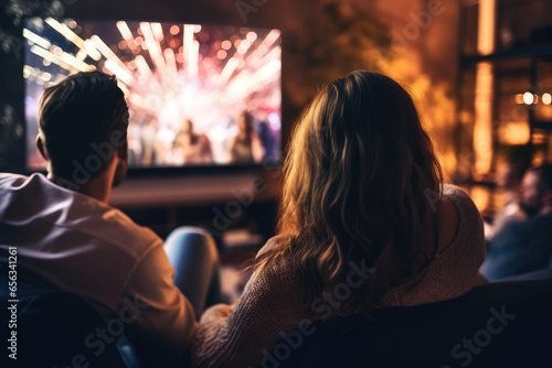 Couple watching a live concert stream on their TV - Digital live entertainment - AI Generated