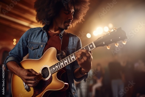 Musician with afro hair, holding a vintage guitar - Afro style and retro music - AI Generated