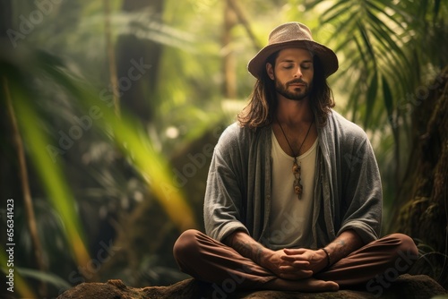 Man in boho attire meditating in a forest - Nature-inspired style - AI Generated