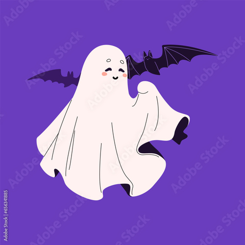 Halloween spook fly with bat. Cute ghost glad to see creepy flying vampire. Friendly spirit smile. Funny white phantom with happy face. Helloween decoration. Flat isolated vector illustration