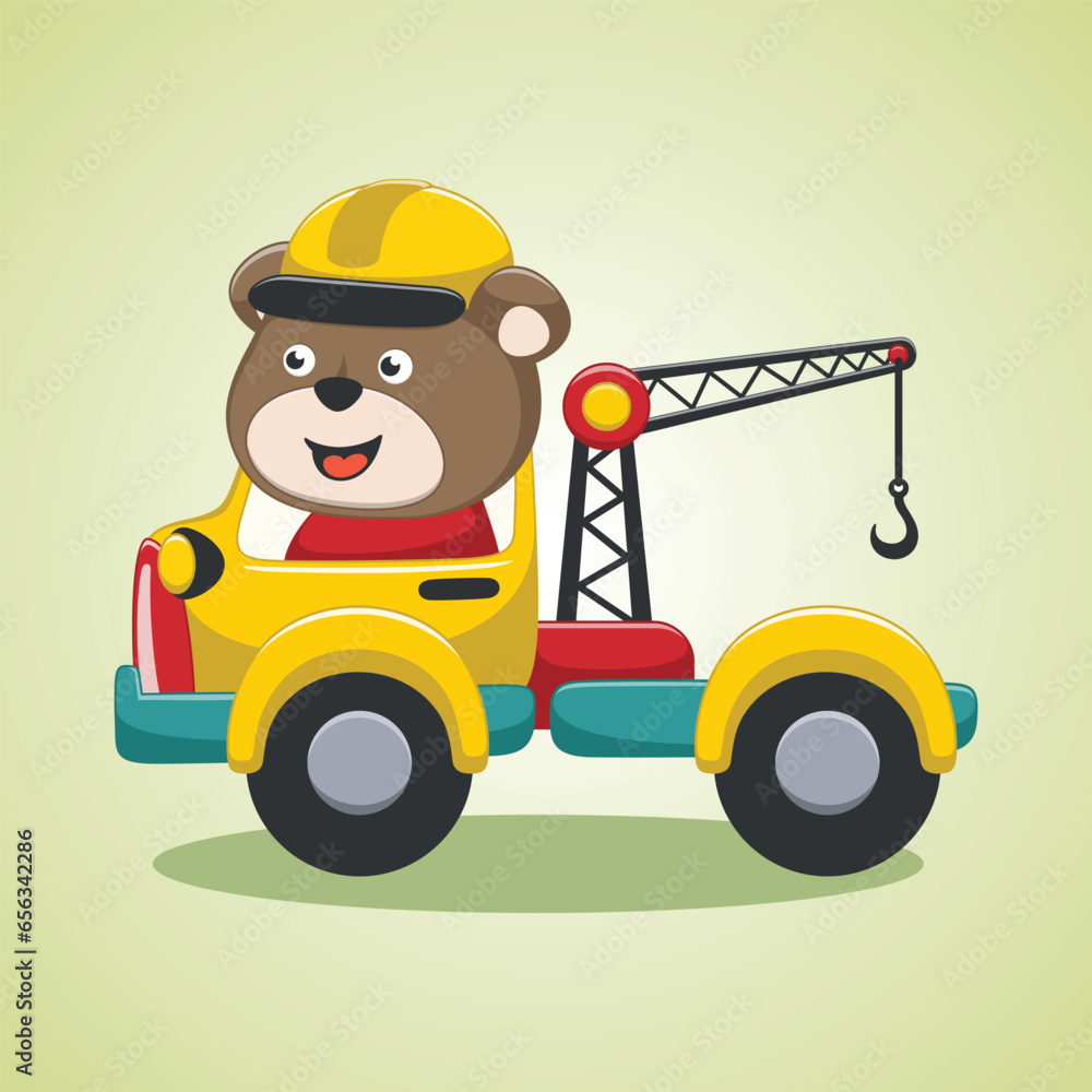 Vector cartoon of funny crane truck with smiling face bear, Vector illustration. T-Shirt Design for children. Design elements for kids.