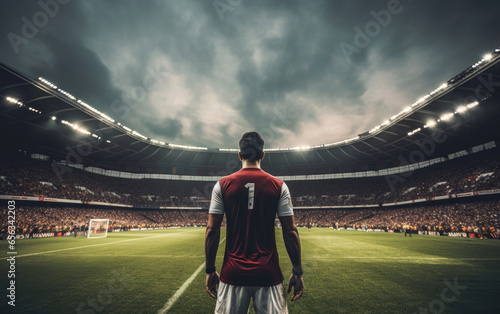 Back view of footballer standing in front of a huge stadium filled full of fans. Generative AI photo