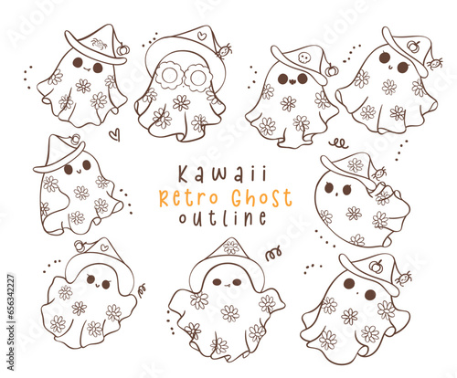 collection of cute Halloween retro ghost with daisy flowers outline cartoon doodles. Kawaii illustration.