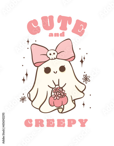 Cute and spooky coquette pink Halloween ghost girl with bow  cartoon doodle illustration.