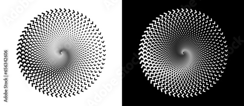 Abstract background with arrows in circle. Art design spiral as logo or icon. A black figure on a white background and an equally white figure on the black side.