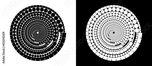 Abstract background with lines and dots in circle. Art design spiral as logo or icon. Black lines on a white background and white lines on the black side.