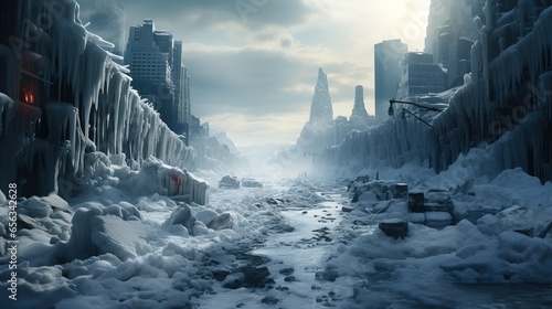 Global climate change, apocalyptic cold snowy winter, created by Generative Ai technology.