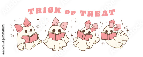 Cute Kawaii Pink Halloween Ghosts read books Cartoon Character Doodle Vector Illustration Banner