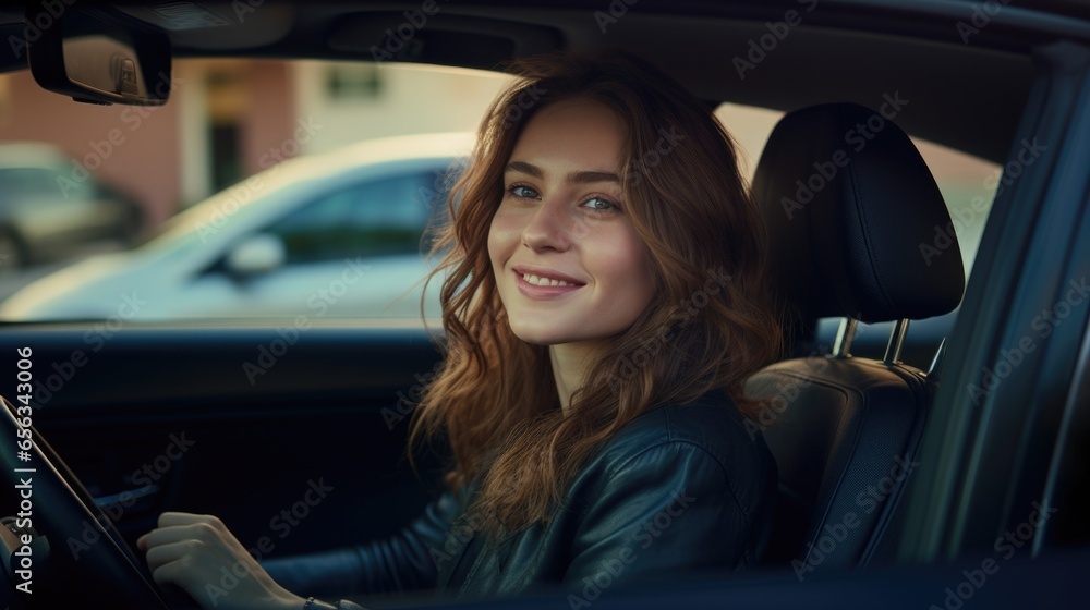 Young beautiful smiling woman in a car.