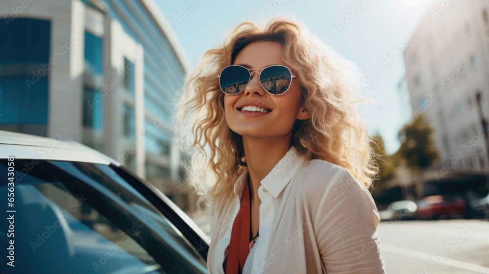 Happy smiling woman wearing sunglasses in an urban environment next to her car on a sunny summer day. Happy smiling woman wearing sunglasses in an urban environment next to her car on a sunny summer day.