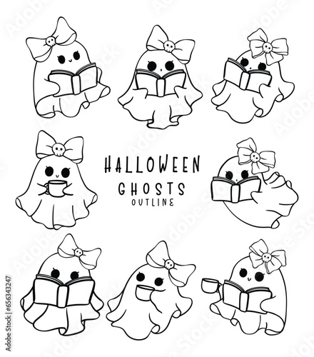 adorable pink Halloween ghosts in a retro, kawaii cartoon doodle outline style collection.