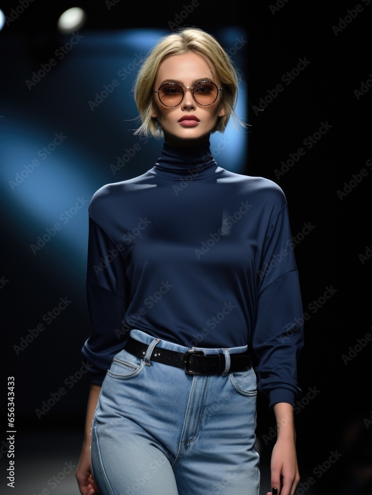 Supermodel woman on the catwalk wears glasses and fashionable clothes. Supermodel woman on the catwalk wears glasses and fashionable clothes.