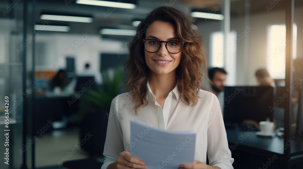 A beautiful woman in stylish glasses is dressed in a business style, holding documents in her hands. Concept of legal and financial assistance. - obrazy, fototapety, plakaty 
