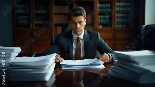 Stressed businessman with suit and tie tired and frustrated at desk