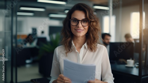 A beautiful woman in stylish glasses is dressed in a business style, holding documents in her hands. Concept of legal and financial assistance.