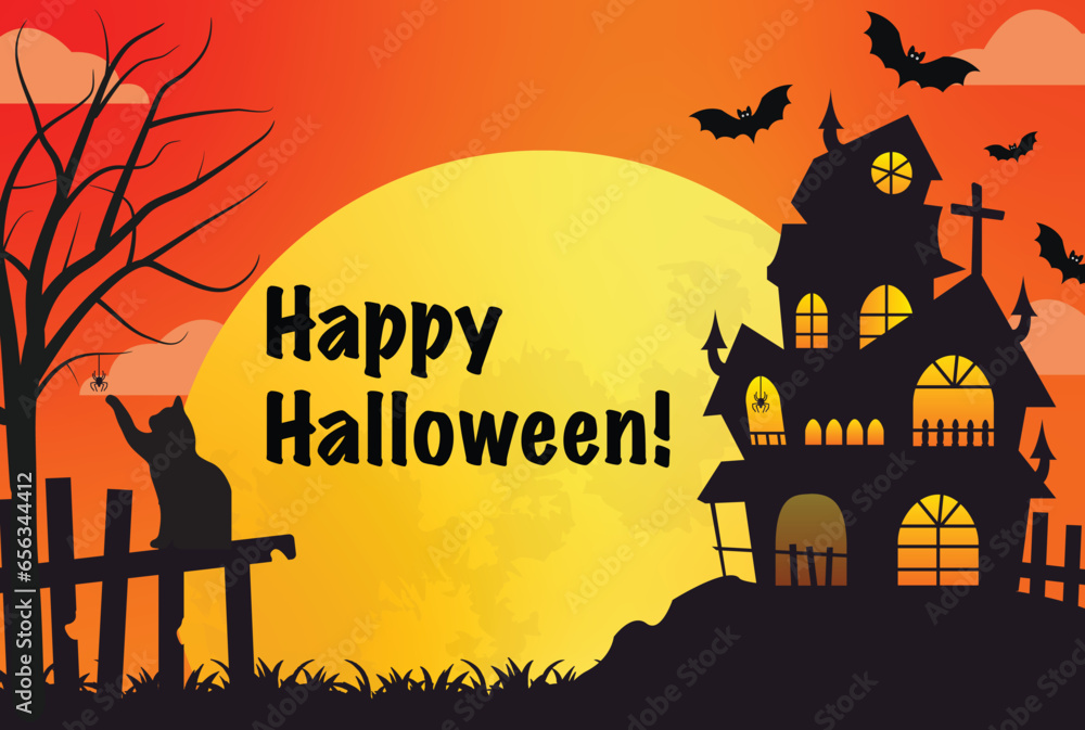 Halloween orange banner with spider web and flying bats, house, cat, eps Halloween orange banner with spider web and flying bats, house, cat, eps