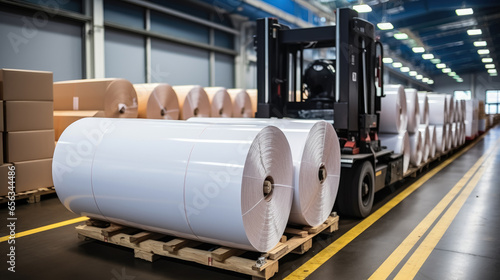Forklift transports large roll of paper for the production , Storage of paper rolls at a warehouse in a paper factory
