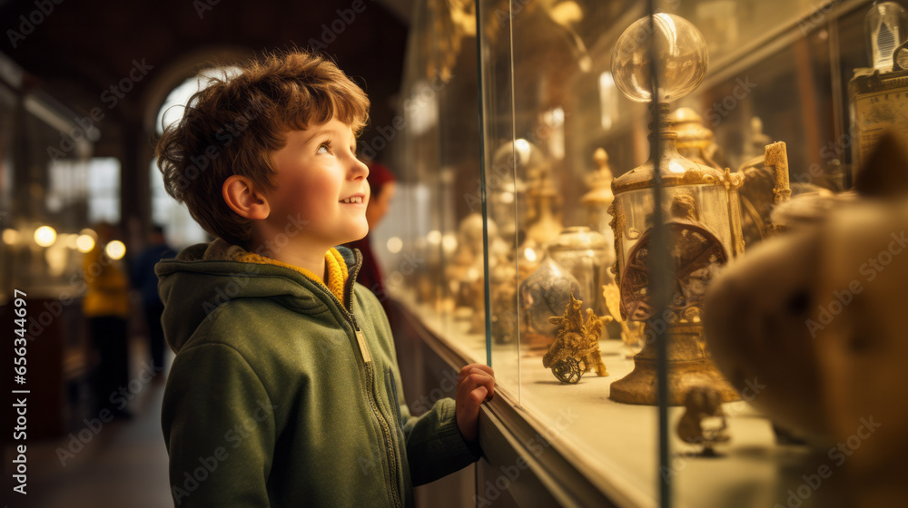 Obraz premium Young boy exploring a historical museum, captivated by artifacts and exhibits that transport him back in time, sparking his interest in history