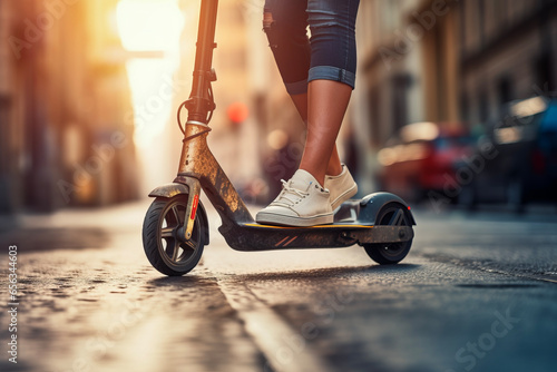 close up legs of young woman using electric scooter in background of city street. Transportation concept for travel and travel.