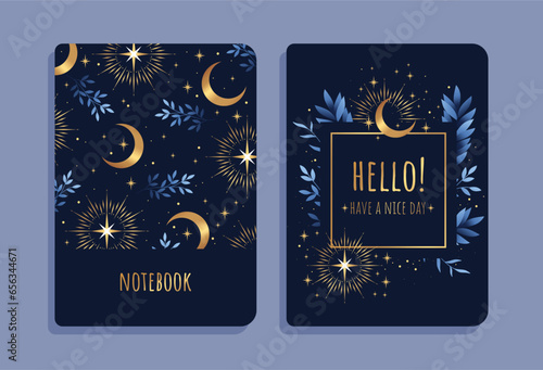 Cover design with space pattern. Invitation, greeting card, cover book, notebook. Vector illustration