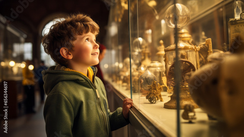 Young boy exploring a historical museum, captivated by artifacts and exhibits that transport him back in time, sparking his interest in history