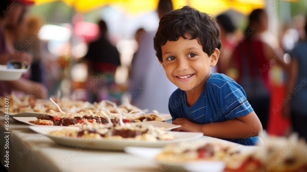 Young boy participating in a multicultural food festival. He samples dishes from various cultures, experiencing the diverse and rich flavors of international cuisine. - obrazy, fototapety, plakaty 