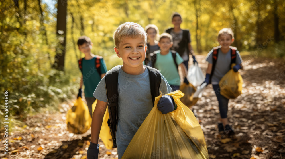 Young boy leading a group of friends in a community clean-up initiative. Armed with recyclable bags and gloves, they work together to clean local parks and streets, environmental responsibility - obrazy, fototapety, plakaty 