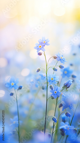 vertical background delicate spring wild wildflowers, small blue forget-me-nots in the morning mist of nature © kichigin19