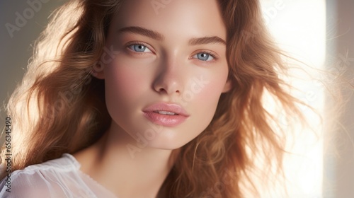 Close-up portrait of a beautiful young woman with blue eyes and perfect moisturized skin. Beauty concept, skin care and moisturizing. Feminine beauty.