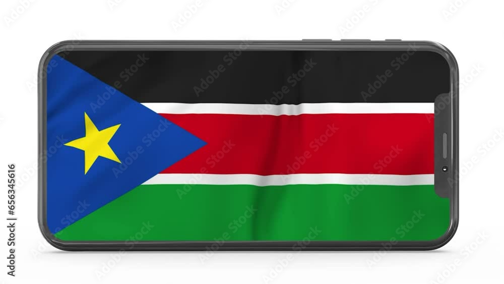 Waving flag of South Sudan on a mobile phone screen. 3d animation in 4k resolution video. Waving flag of South Sudan on a mobile phone screen. 3d animation in 4k resolution video.