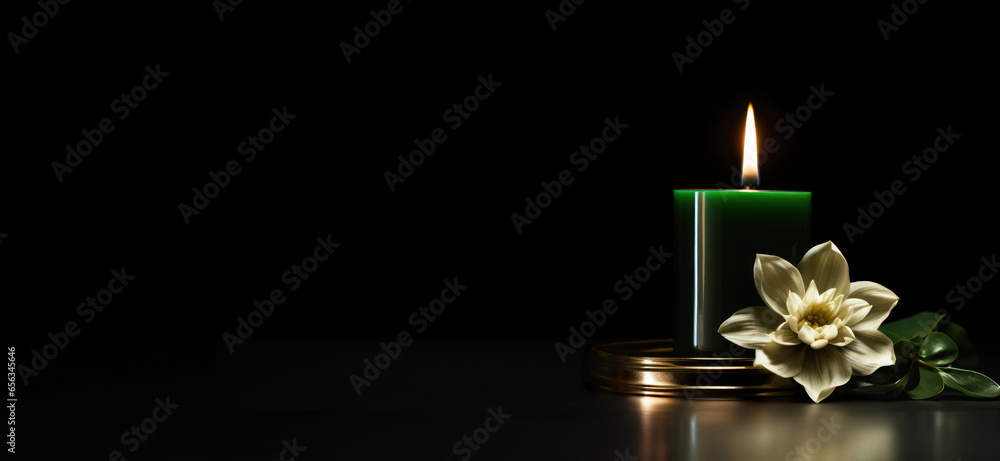 Burning candles and white flowers on black background with space for text. Funeral concept. - obrazy, fototapety, plakaty 