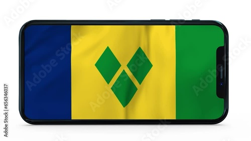 Waving flag of Saint Vincent and the Grenadines on a mobile phone screen. 3d animation in 4k resolution video. photo