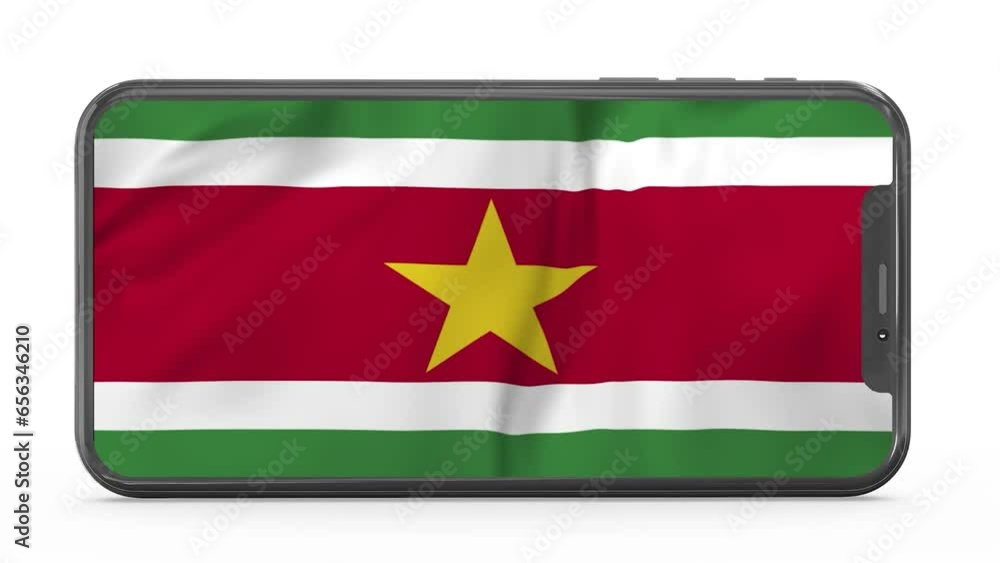 Waving flag of Suriname on a mobile phone screen. 3d animation in 4k resolution video. Waving flag of Suriname on a mobile phone screen. 3d animation in 4k resolution video.