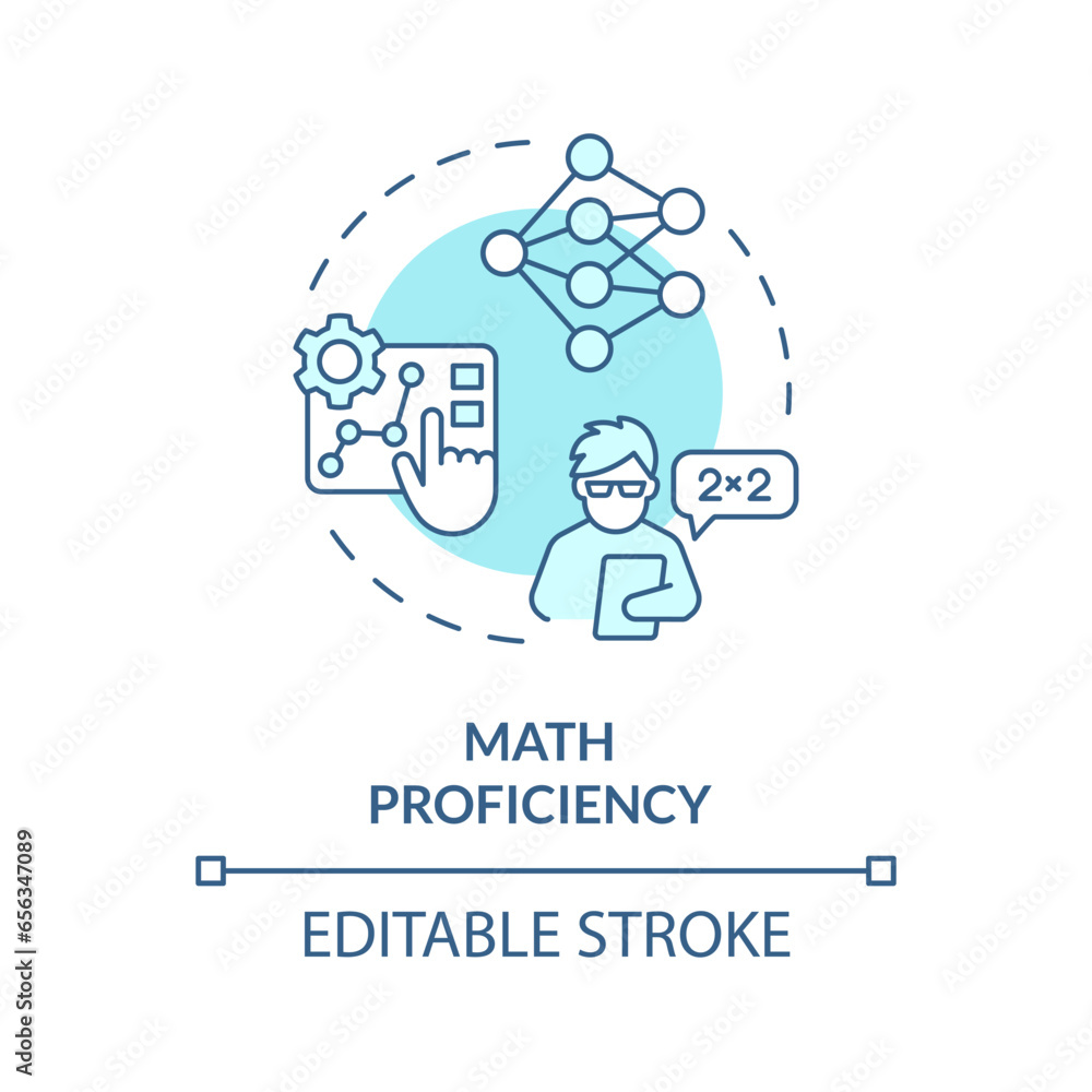2D editable blue math proficiency icon, simple isolated vector, AI engineer thin line monochromatic illustration