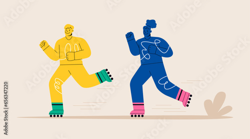 Man and woman riding roller skates. Colorful vector illustration
