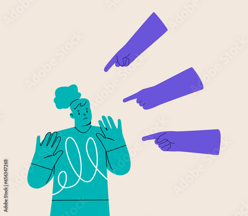 Social opinion. Anxious about other people judging, evaluating, blaming. Psychological mental problem, psychology concept. Colorful vector illustration