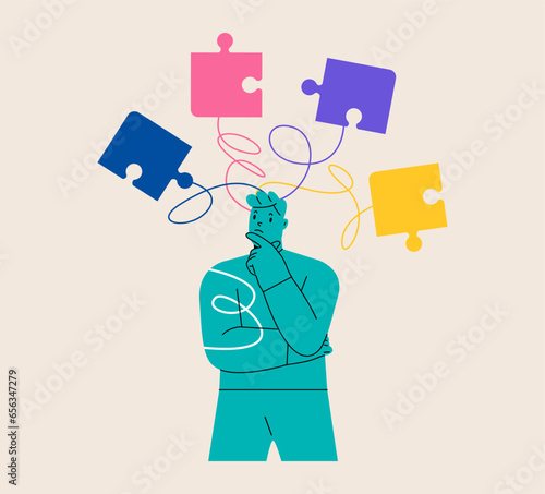 Alzheimer illness concept. Man trying to remember something. Problems with brain and memory. Colorful vector illustration