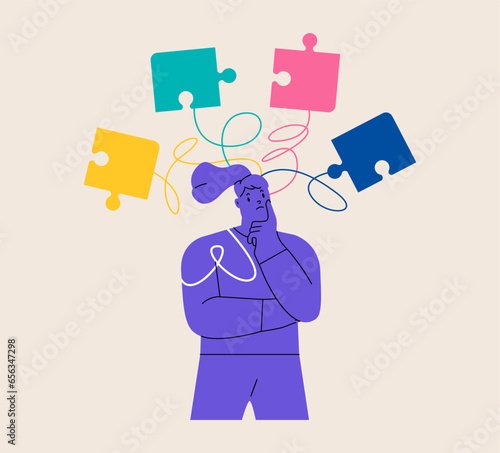 Alzheimer illness concept. woman  trying to remember something. Problems with brain and memory. Colorful vector illustration