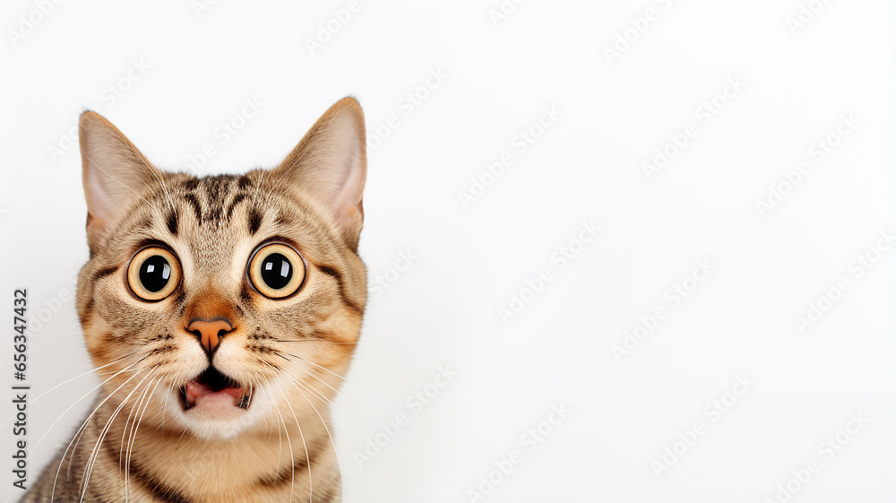 a frightened cat, an emotional portrait of fear isolated on a white background, a cat with big eyes is afraid - obrazy, fototapety, plakaty 
