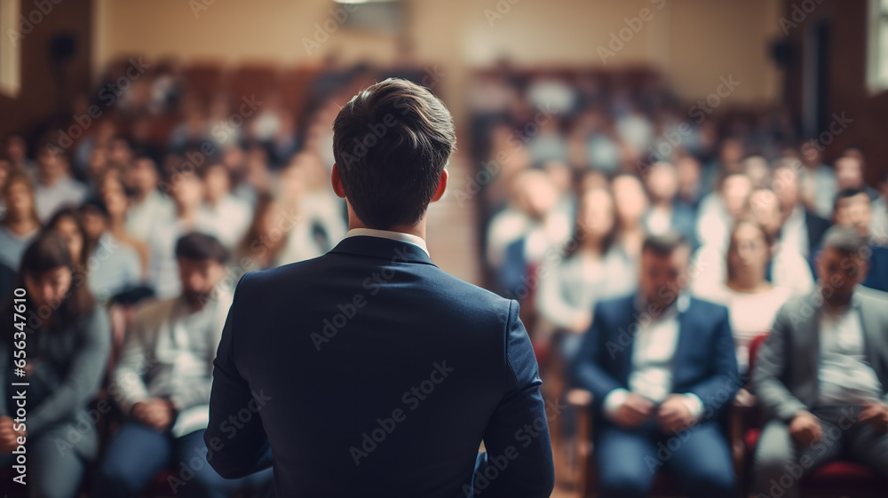 speaker in front of the audience back view, debate, male lecturer speaking in front of a hall of people, the concept of public speaking abstract fictional speaker in front of the audience back view, debate, male lecturer speaking in front of a hall of people, the concept of public speaking abstract fictional