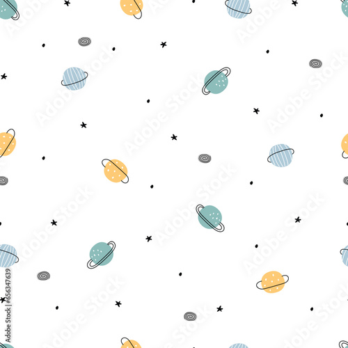 Space background seamless pattern for kids Cartoon style design. Use for prints, wallpaper, decorations, textiles, vector illustrations.