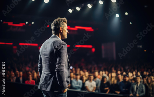 Back view of a motivational speaker standing on a stage in front of an audience. Generative AI