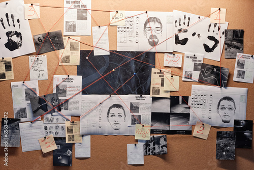 Schilderij op canvas Background image of evidence board with pictures of criminals in detectives offi