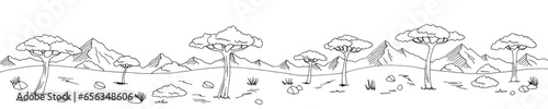 Savannah graphic black white landscape long sketch illustration vector 