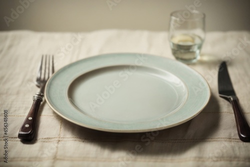Plate, knife, and fork on napkin cloth
