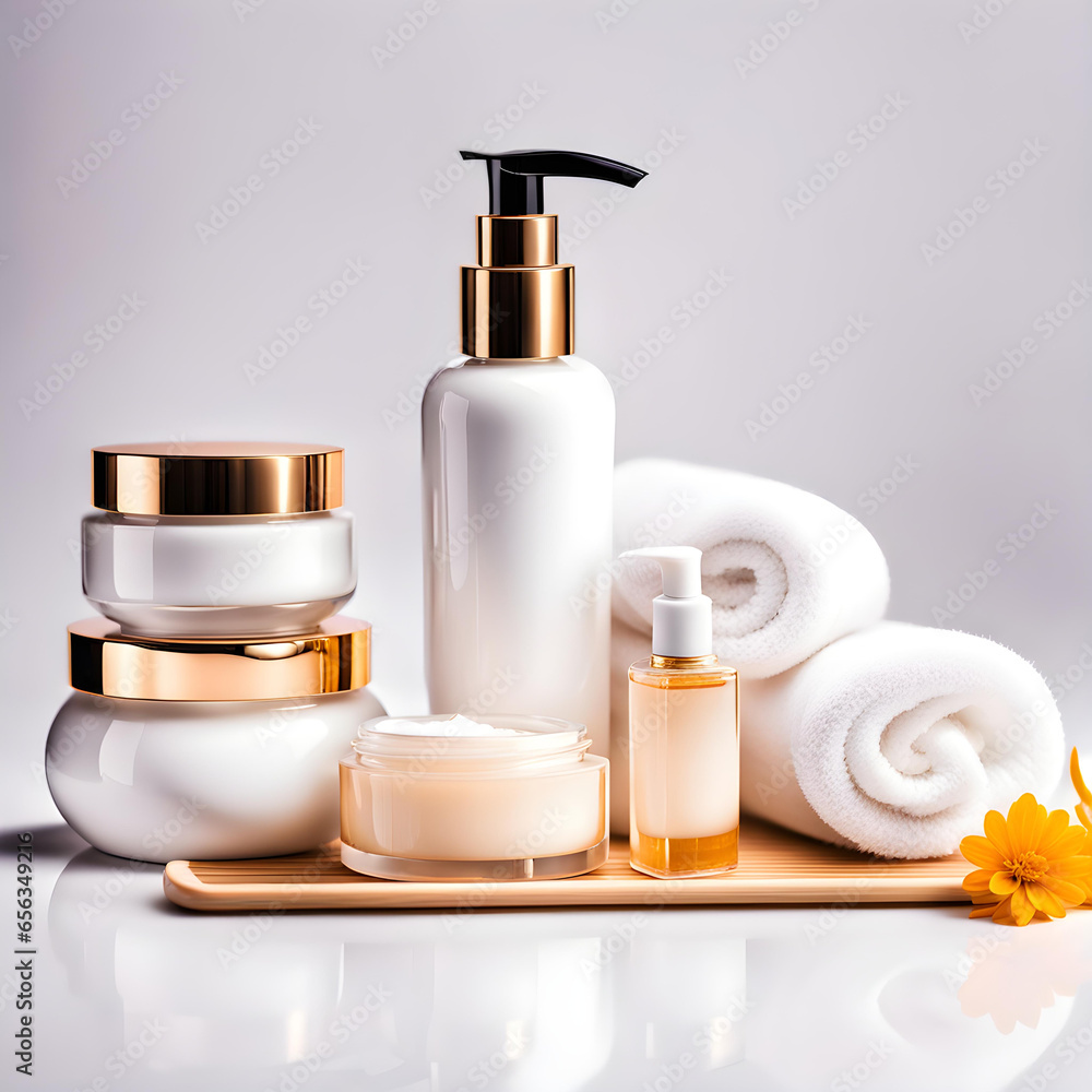 Luxury refreshing cosmetics set for personal hygiene on table Luxury refreshing cosmetics set for personal hygiene on table